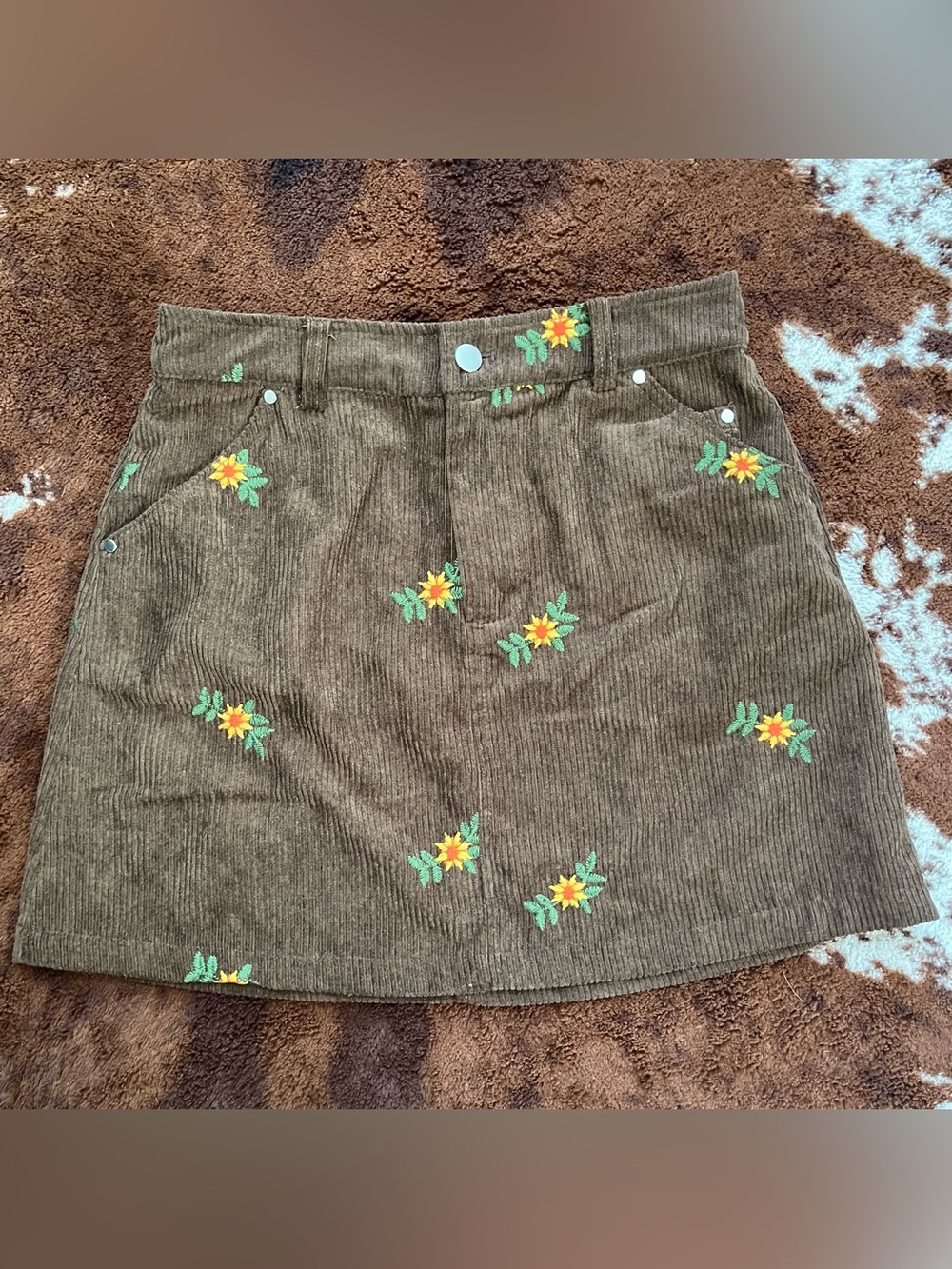 Cider Brown Corduroy Mini Skirt | Floral Embroidery | Size: SM